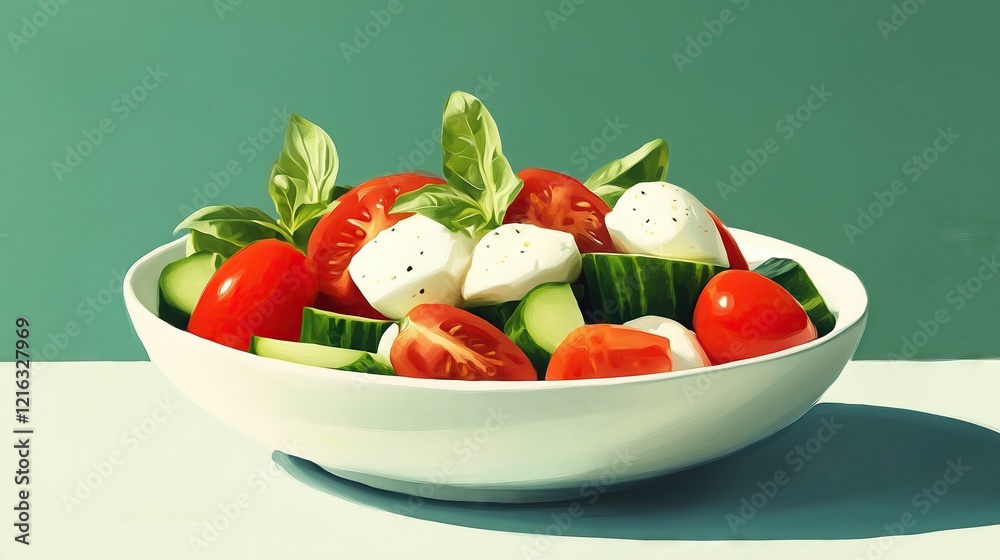 Bowl of Salad with Mozzarella, Tomatoes and Cucumber on green background Bowl of Salad with Mozzarella, Tomatoes and Cucumber on green background