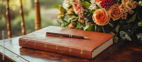 Elegant Guest Book and Pen with Floral Arrangement