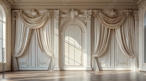 Elegant Classic Interior Design: Sunlit Room with Sumptuous Drapes and Ornate Walls