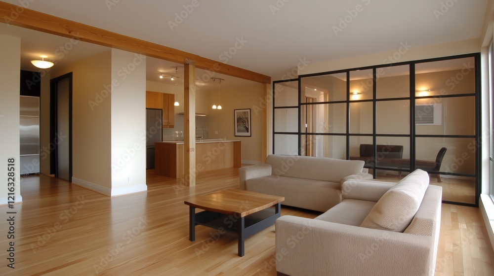 Fototapeta premium A large living room with a couch, coffee table, and a kitchen. The room is bright and spacious, with a lot of natural light coming in from the windows. The furniture is modern and sleek