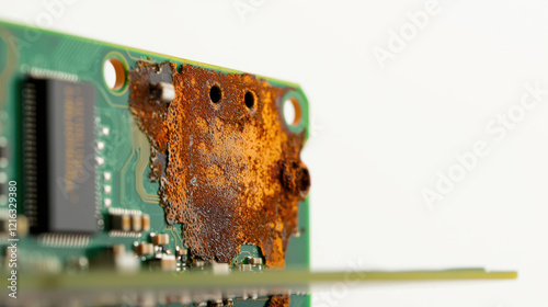 Close up of old motherboard showing visible rust and corrosion details