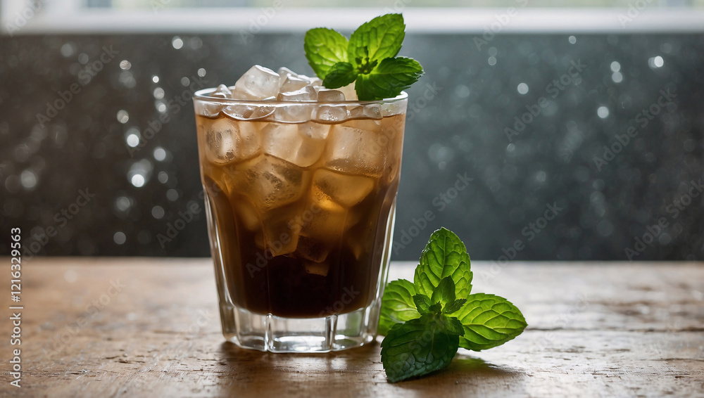Iced Coffee with Green Peppermint Syrup and Mint Garnish Iced Coffee with Green Peppermint Syrup and Mint Garnish