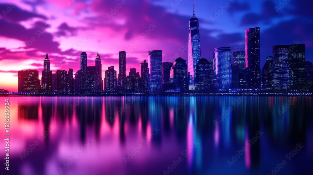 Fototapeta premium Vibrant Cityscape at Sunset: A Stunning Reflection
