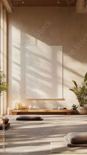 Serene Minimalist Zen Room Design with Sunlight Streaming Through Large Windows and Candles photo