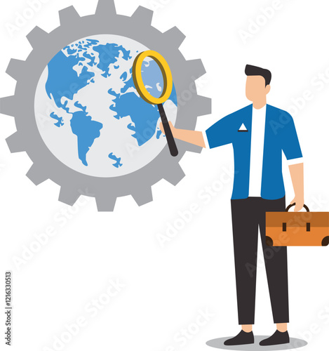 Global economic analysis, world economic outlook, research for investment in various countries, Analyze job opportunities abroad, businessman with magnifying glass analyzing business in global economy