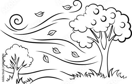 Swirling Wind with Petals, Leaves, and Seeds Line Art Book Illustration