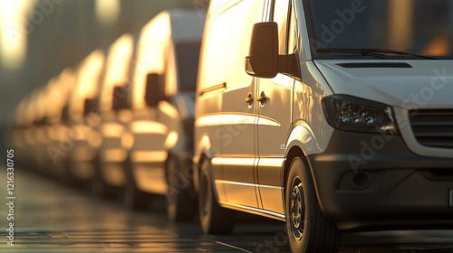 Fleet of delivery vans in golden sunlight.
