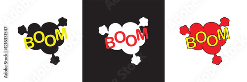 Comic speech bubble vector, comic book sound effects, black white and  colorful pop art design with  Boom  for action theme graphics. isolated on white and black background. vector illustration. EPS10