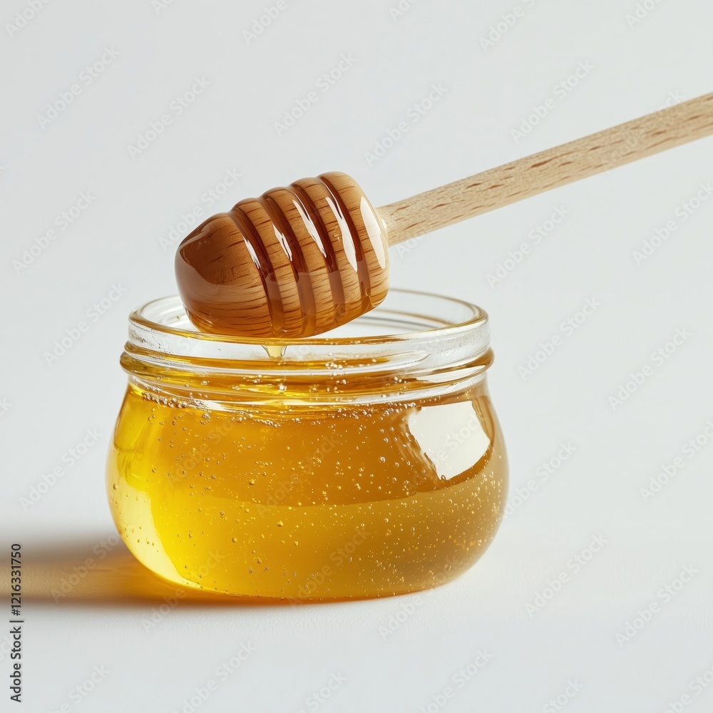 Golden Honey in Jar with Wooden Dipper on Light Background Golden Honey in Jar with Wooden Dipper on Light Background