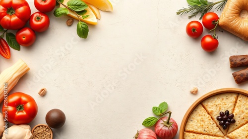 Mediterranean Food Flat Lay with Copy Space Tomatoes, Bread, and Other Ingredients