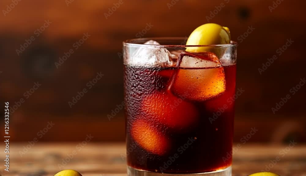 Vaso de vermut rojo con olivas de adorno y fondo de madera