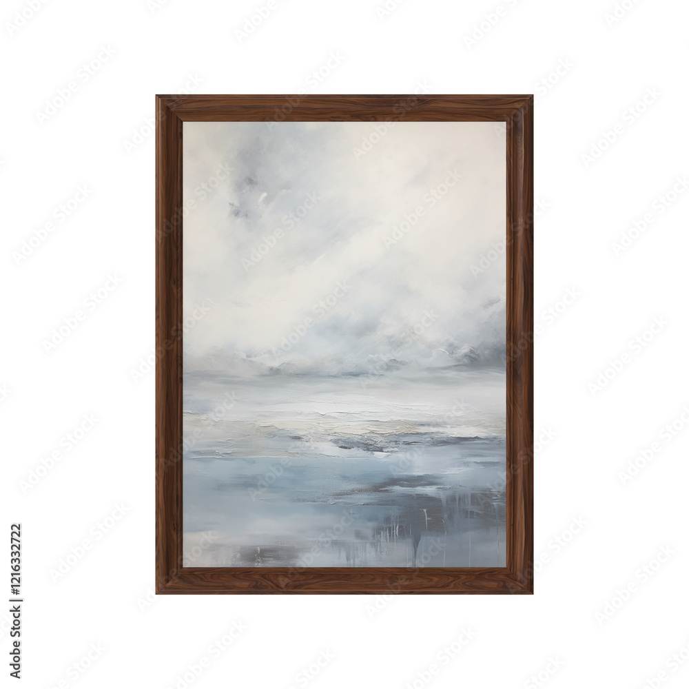 oil painting, 3d render of a picture oil painting in wooden frame, abstract painting of a sky, sea, front view oil painting, 3d render of a picture oil painting in wooden frame, abstract painting of a sky, sea, front view