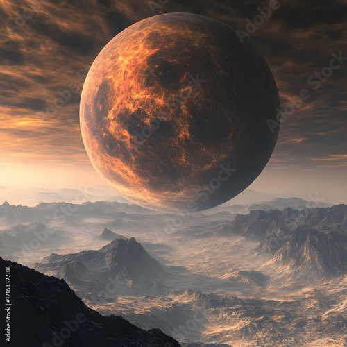 An exoplanet discovered by scientists, its surface covered with strange landscapes and uncharted oceans. photo