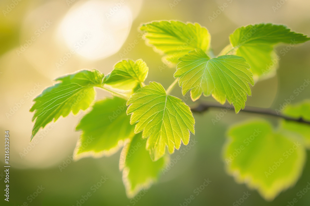 Fresh green leaves illuminated by warm sunlight with a soft bokeh background, creating a serene and vibrant natural scene Fresh green leaves illuminated by warm sunlight with a soft bokeh background, creating a serene and vibrant natural scene
