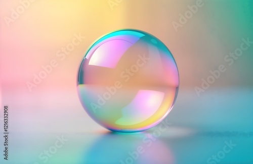 Colorful iridescent soap bubble floats on multicolored background. Bubble displays vibrant colors, soft gradients. Abstract art piece with no people. Modern, trendy design. Perfect for wallpaper art