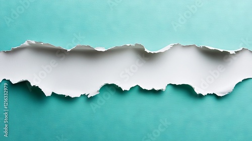 Torn paper strip revealing white layer, vibrant turquoise background, dramatic ripped edges, textured surface, macro photography, minimalist composition, clean aesthetic, high contrast design