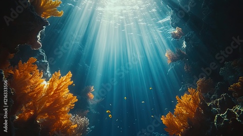 Underwater scene featuring vibrant coral reefs and marine flora in shades of green and blue.