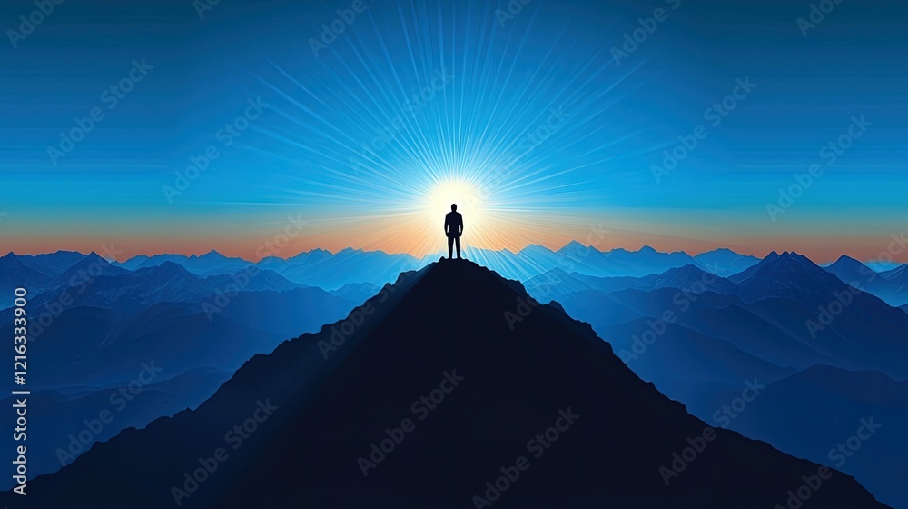 Leader standing at the top of a mountain with rays of sunlight shining, representing new beginnings Leader standing at the top of a mountain with rays of sunlight shining, representing new beginnings