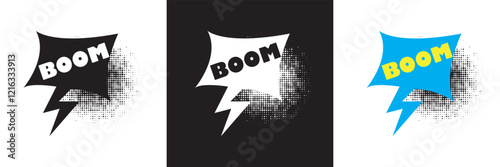 Comic speech bubble vector, comic book sound effects, black white and  colorful pop art design with  Boom  for action theme graphics. isolated on white and black background. vector illustration. EPS10