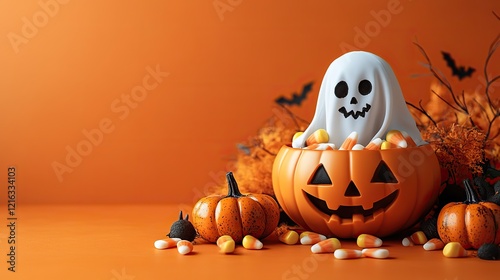 Festive vertical Halloween decorations, including candy corn, a ghost bowl, and a mini pumpkin, displayed on an orange background