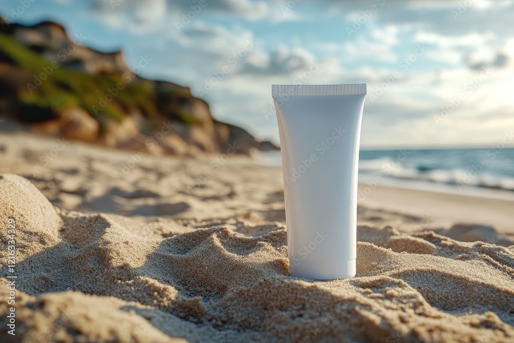 one white clean tube of cream in the sand, mock up, mockup, for design, copy space one white clean tube of cream in the sand, mock up, mockup, for design, copy space