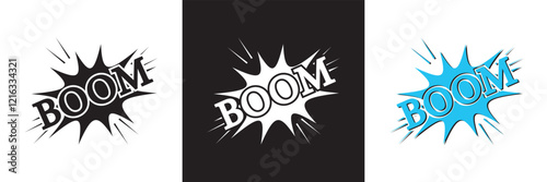 Comic speech bubble vector, comic book sound effects, black white and  colorful pop art design with  Boom  for action theme graphics. isolated on white and black background. vector illustration. EPS10