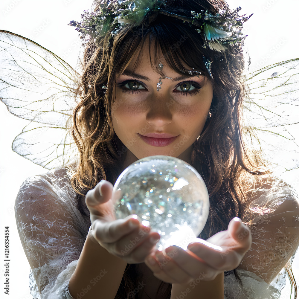 Naklejka premium Enchanted Fairy Gazing into Crystal Ball