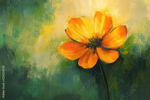 Vibrant orange flower painting with impasto technique against a dark green background. photo