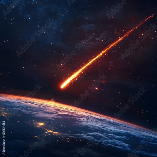 A mesmerizing meteor shower lighting up the night sky with streaks of fire, over a peaceful Earth.
 photo