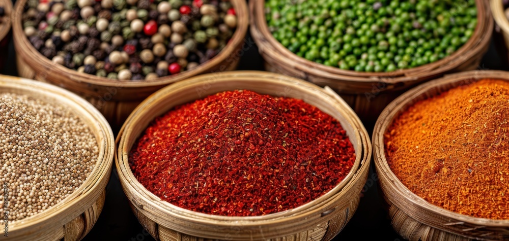 Vibrant spices displayed in woven bowls, showcasing diverse colors and textures. Vibrant spices displayed in woven bowls, showcasing diverse colors and textures.