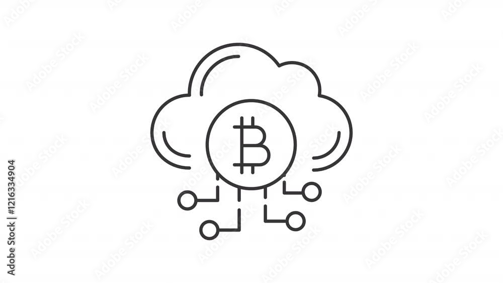 Bitcoin cloud line animation. Virtual crypto network animated icon. Mining cryptocurrency with online tools. Black illustration on white background. HD video with alpha channel. Motion graphic Bitcoin cloud line animation. Virtual crypto network animated icon. Mining cryptocurrency with online tools. Black illustration on white background. HD video with alpha channel. Motion graphic