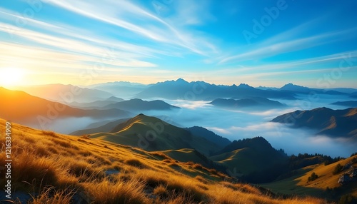 Wallpaper Mural Panoramic view of a sunrise over misty mountains, with golden light illuminating grassy hills, peaks, and layers of distant mountains under a vibrant blue sky streaked with soft clouds. Torontodigital.ca