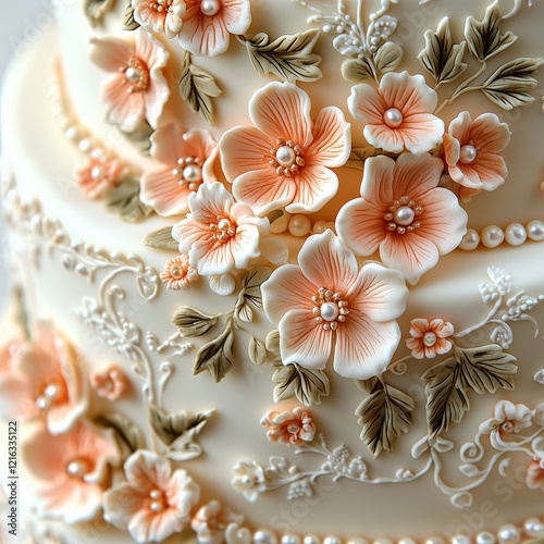 Elegant Floral Wedding Cake with Peach Roses and Pearls Decoration