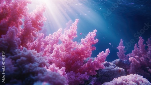Underwater scene featuring vibrant coral reefs and marine flora in shades of green and blue.