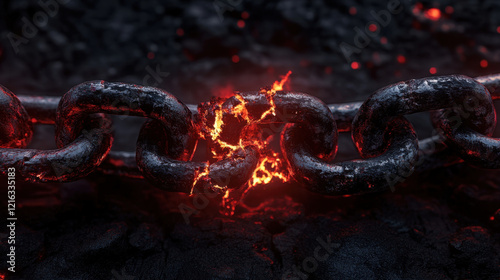 damaged metal chain link glows with fiery cracks, symbolizing strength and vulnerability. dark background enhances dramatic effect of glowing elements