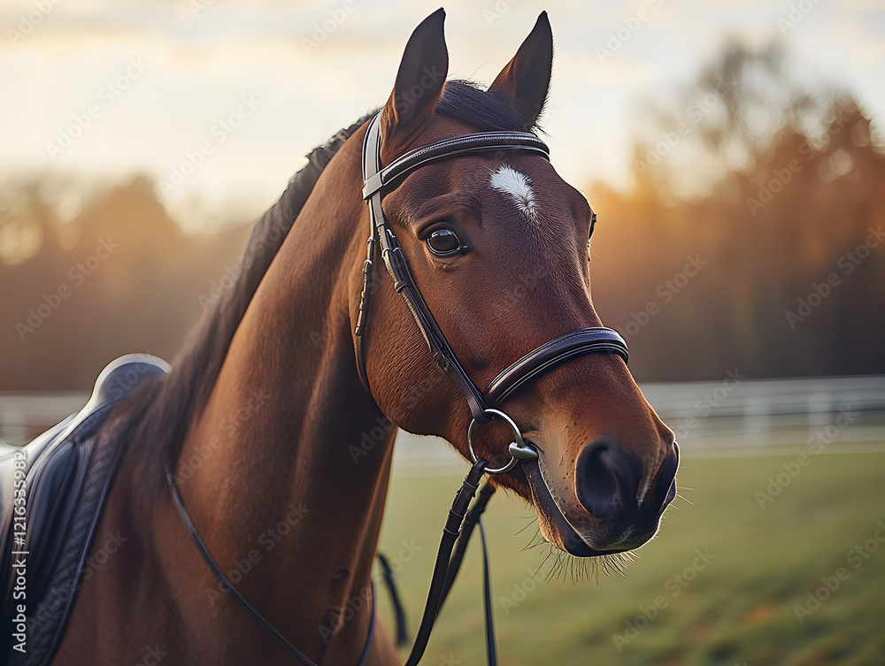 Obraz premium Groomed Horses Enjoying a Peaceful Sunset in a Serene Field With Rolling Hills and Vibrant Colors Blending in the Sky