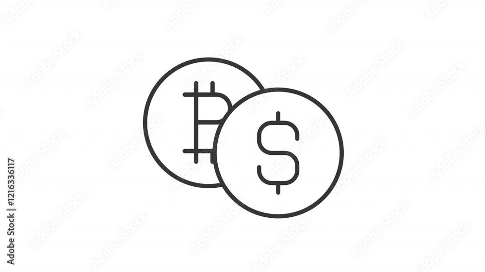 Cryptocurrency exchange line animation. Dollar and bitcoin animated icon. Stock market rates bouncing. Black illustration on white background. HD video with alpha channel. Motion graphic Cryptocurrency exchange line animation. Dollar and bitcoin animated icon. Stock market rates bouncing. Black illustration on white background. HD video with alpha channel. Motion graphic
