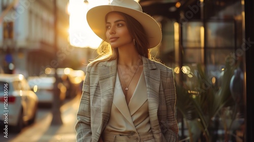 Woman in hat, city street, sunset, cafe background, fashion photo