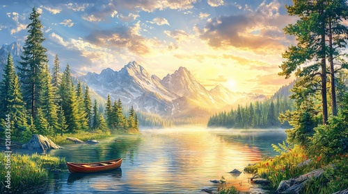 Serene sunrise over a mountain lake with a canoe.