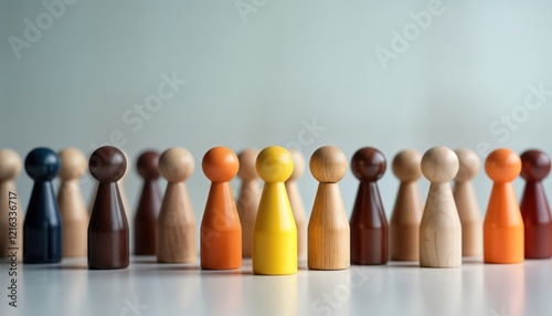 Diverse group of people united for equal opportunity, supportive work environment. Colorful wooden figurines represent diverse individuals standing in row. One figurine stands out with different photo