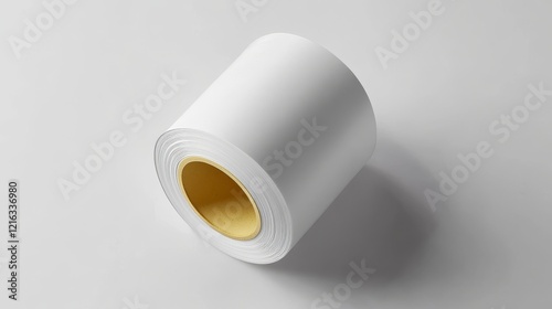 white adhesive label roll, blank paper stickers, thermal printing material, cylindrical shape, yellow backing paper, closeup product photography, soft gray background, matte finish, industrial photo