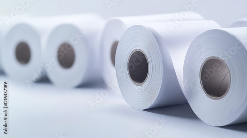 thermal label roll closeup, pristine white surface, continuous blank sticker strip, industrial supply photography, curved paper forms, studio product shot, clean composition, professional lighting