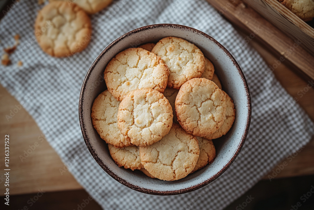 A bowl of freshly baked, golden-brown cookies, perfect for a sweet treat. A bowl of freshly baked, golden-brown cookies, perfect for a sweet treat.