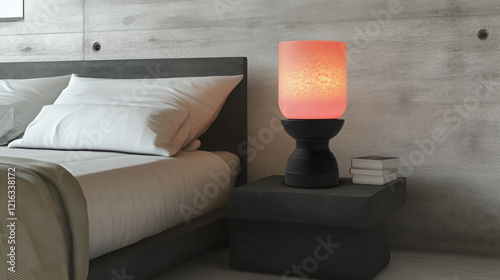 A retro-inspired red lava lamp with a soft glow, placed on a sleek black bedside table next to a neatly made bed, creating a warm and nostalgic atmosphere in a minimalist bedroom. photo