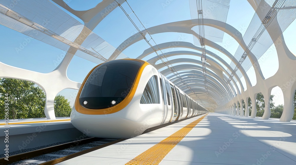 Obraz premium Futuristic train station design urban environment architectural visualization modern infrastructure wide angle view sustainable mobility