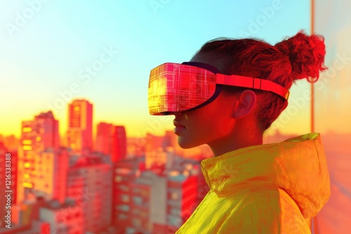Woman wearing VR headset, futuristic city backdrop, sunset hues. Exploring virtual worlds.