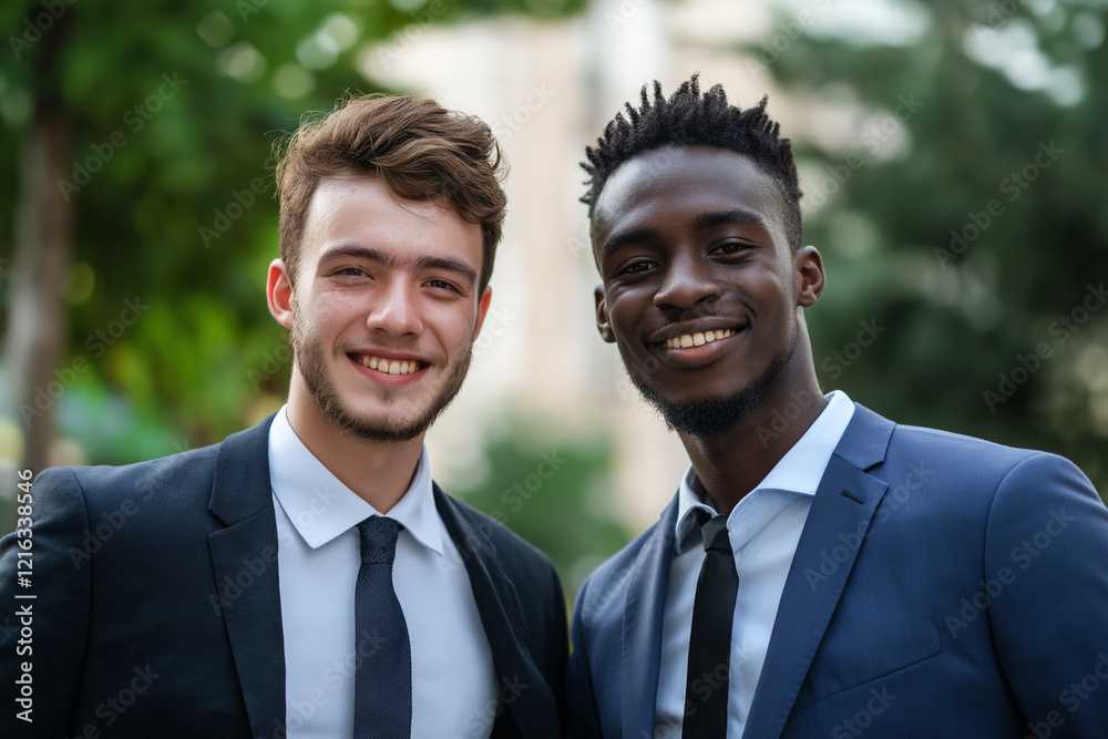 photo of two young business men in suits smiling into the camera at work in the office in finance. photo of two young business men in suits smiling into the camera at work in the office in finance.