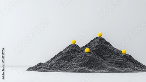 Abstract 3D Landscape with Yellow Spheres on Wireframe Mountain Peaks