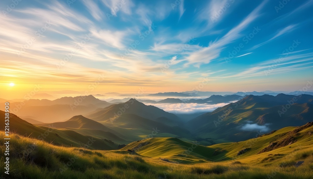 Panoramic view of a sunrise over misty mountains, with golden light illuminating grassy hills, peaks, and layers of distant mountains under a vibrant blue sky streaked with soft clouds. Panoramic view of a sunrise over misty mountains, with golden light illuminating grassy hills, peaks, and layers of distant mountains under a vibrant blue sky streaked with soft clouds.