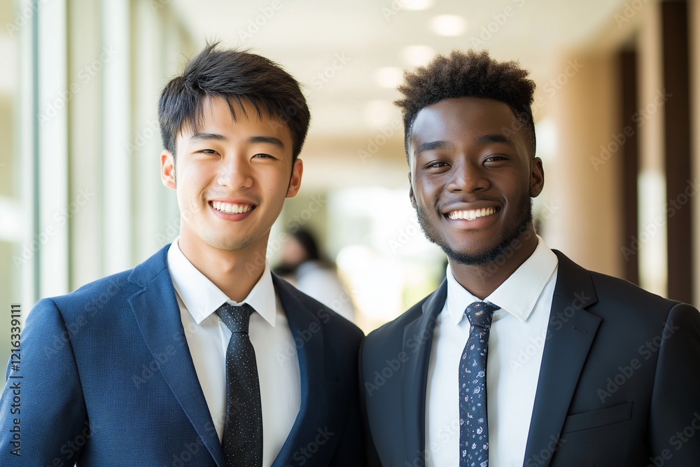 photo of two young business men in suits smiling into the camera at work in the office in finance. photo of two young business men in suits smiling into the camera at work in the office in finance.